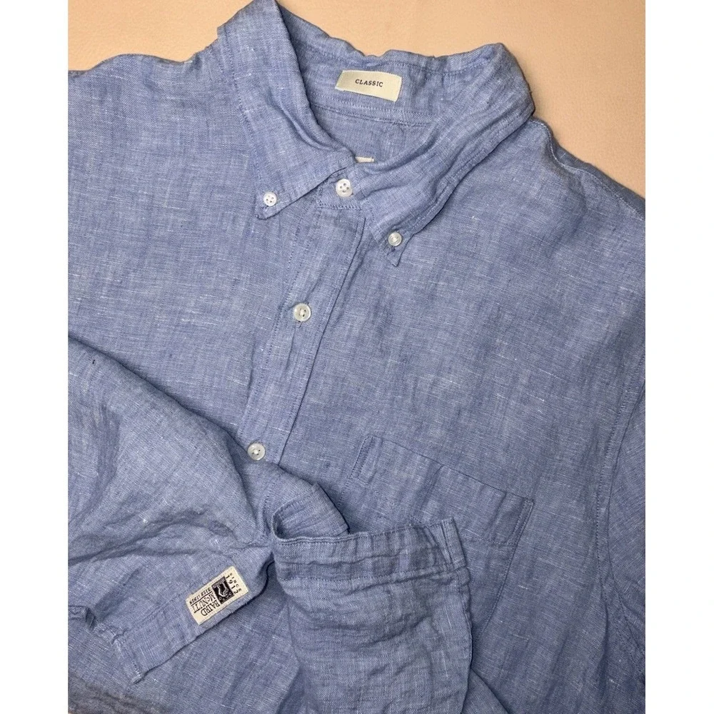 J. Crew Baird McNutt Irish Linen Solid Short Sleeve Large Classic Fit Blue